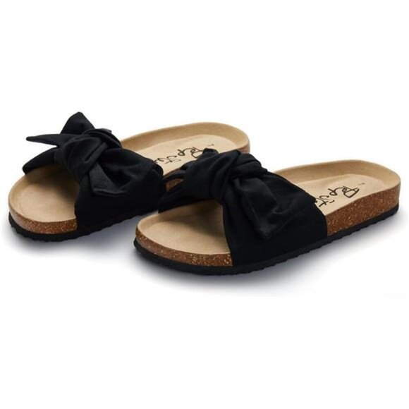 Women Slide Sandals with Bow Slip On Flat Summer Cork Footbed Comfy Shoes - Picture 2 of 7
